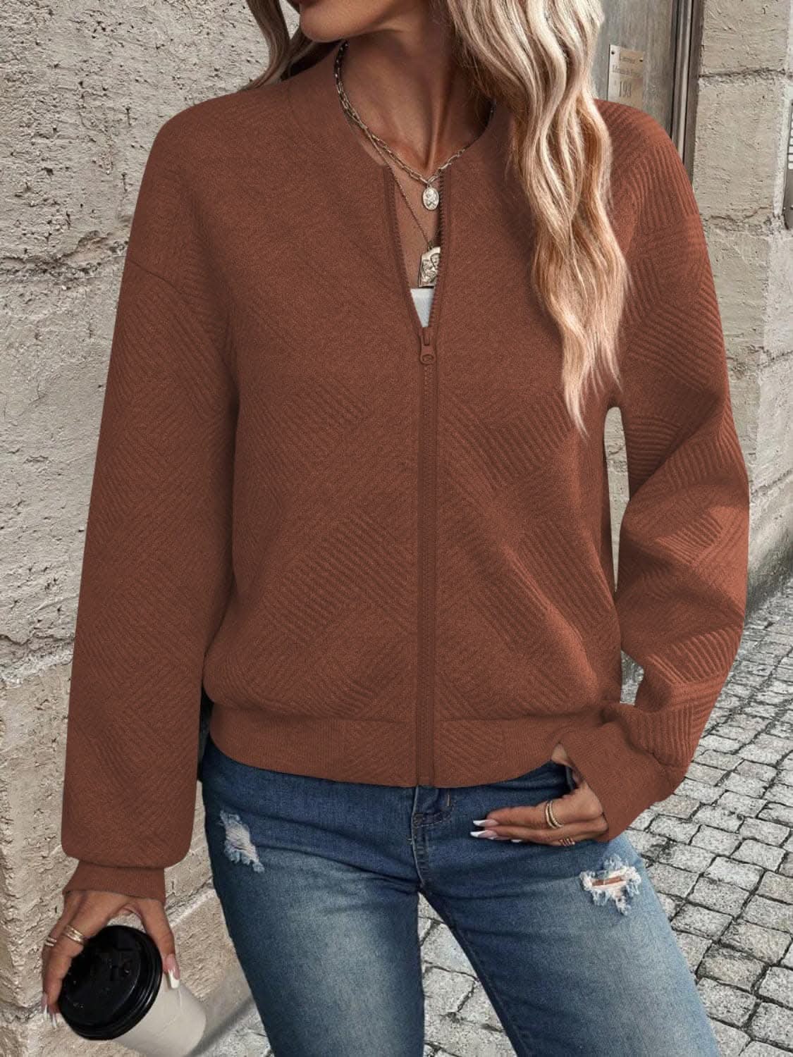 Chic zip-up jacket - long sleeve, 100% polyester - Love Salve